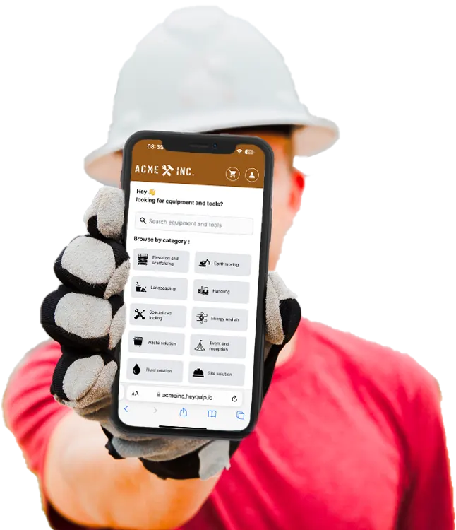 Person holding a phone with Heyquip booking platform for equipment and tool rental centers