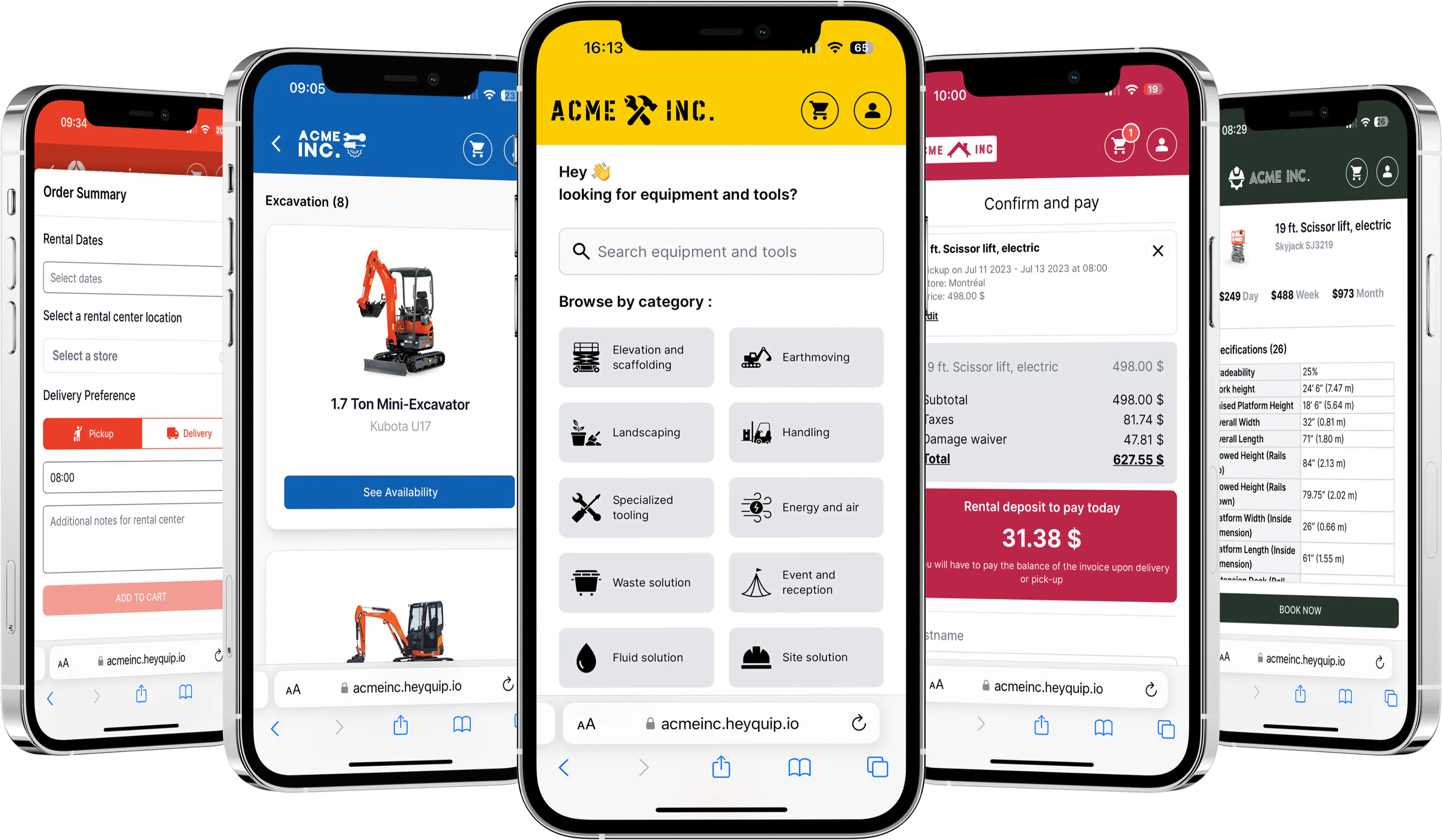 Screenshots of Heyquip booking platform for equipment and tool rental centers on multiple phones />
</div>

<div class=