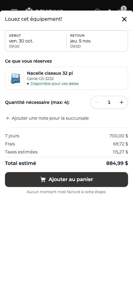 Sommaire de location dans une boutique de démonstration pour une nacelle à ciseaux électrique Genie GS-3232, avec les dates du 30 octobre au 5 novembre, la disponibilité, la quantité et le prix estimé.