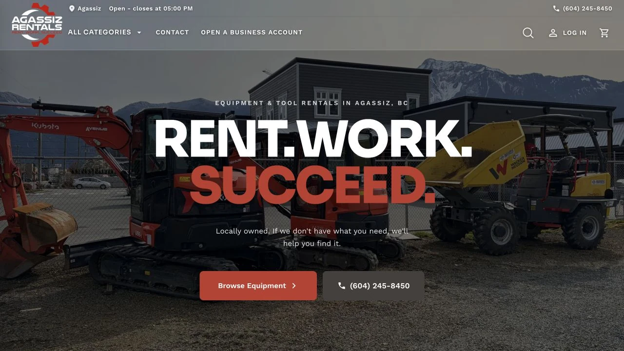 Agassiz Rentals’s English website with its own logo and colours.