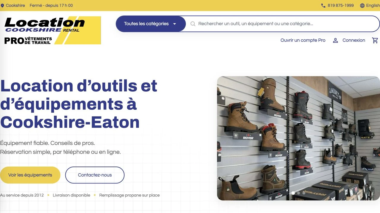 Le site Web de Location Cookshire en français, avec son logo et ses couleurs.