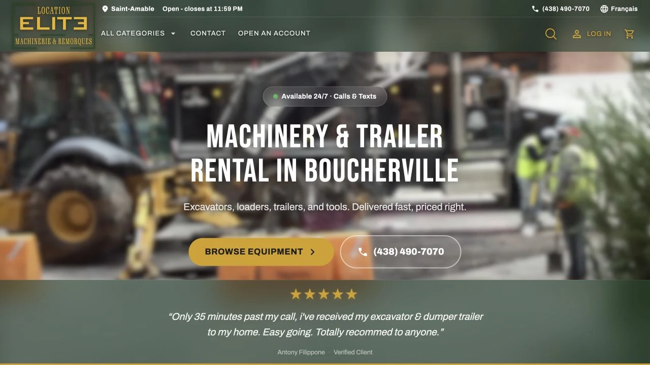Location Élite’s English website with its own logo and colours.