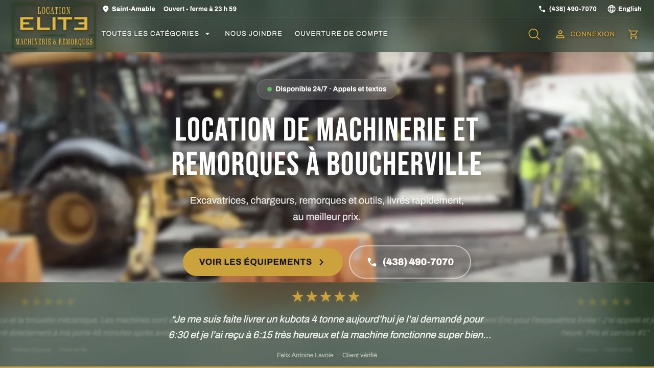 Le site Web de Location Élite en français, avec son logo et ses couleurs.