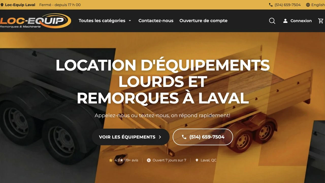 Le site Web de Loc-Equip en français, avec son logo et ses couleurs.