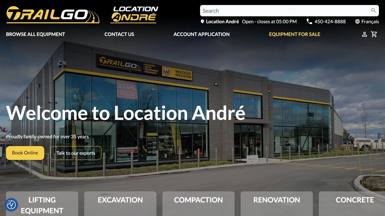 Location André’s English website with its own logo and colours.