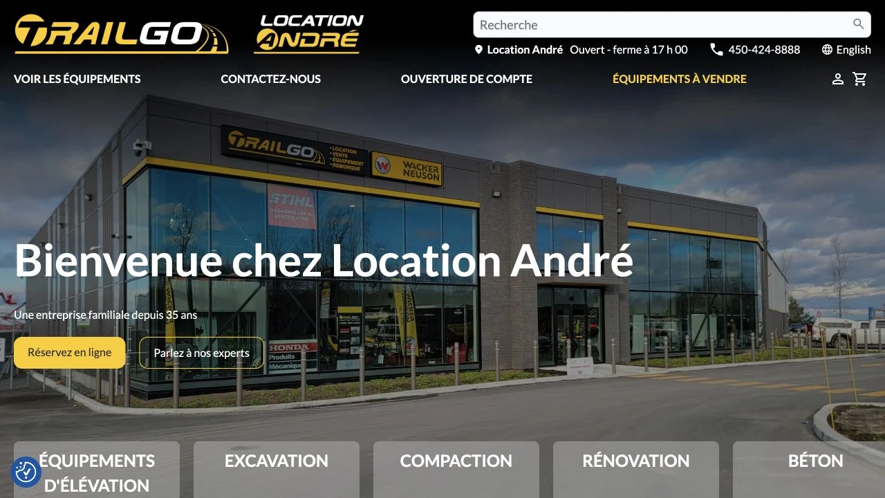 Le site Web de Location André en français, avec son logo et ses couleurs.
