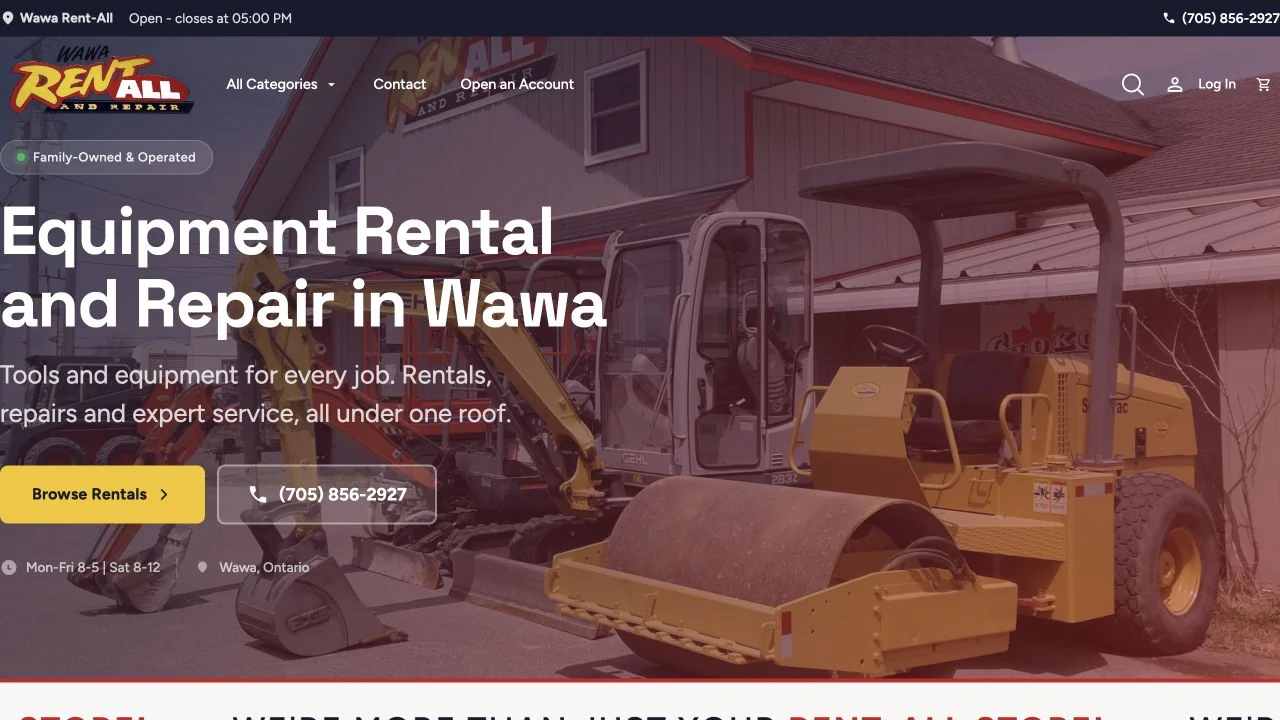 Wawa Rent-All’s English website with its own logo and colours.
