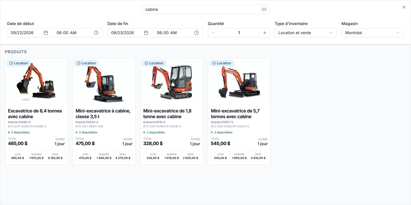 La fiche de l’équipement Kubota KX033-4 dans l’inventaire Heyquip. Détail de l’interface de démonstration enregistrée.