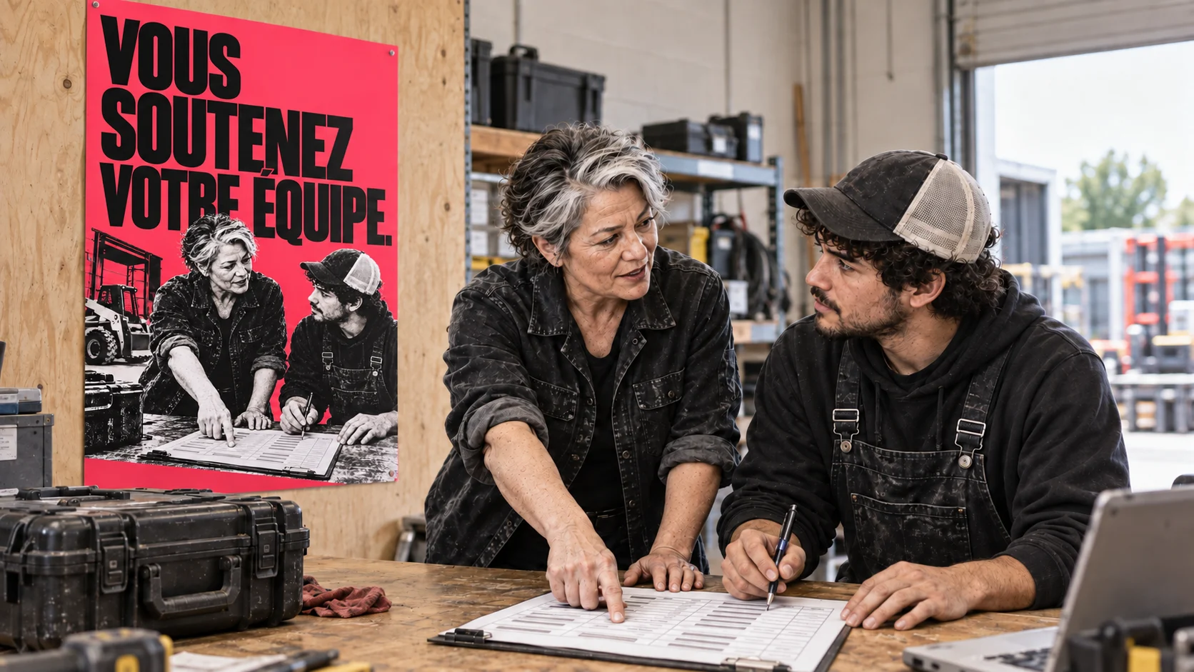Illustration de campagne d’une personne à la tête d’une entreprise de location qui travaille avec son équipe, avec une affiche assortie installée dans le commerce.