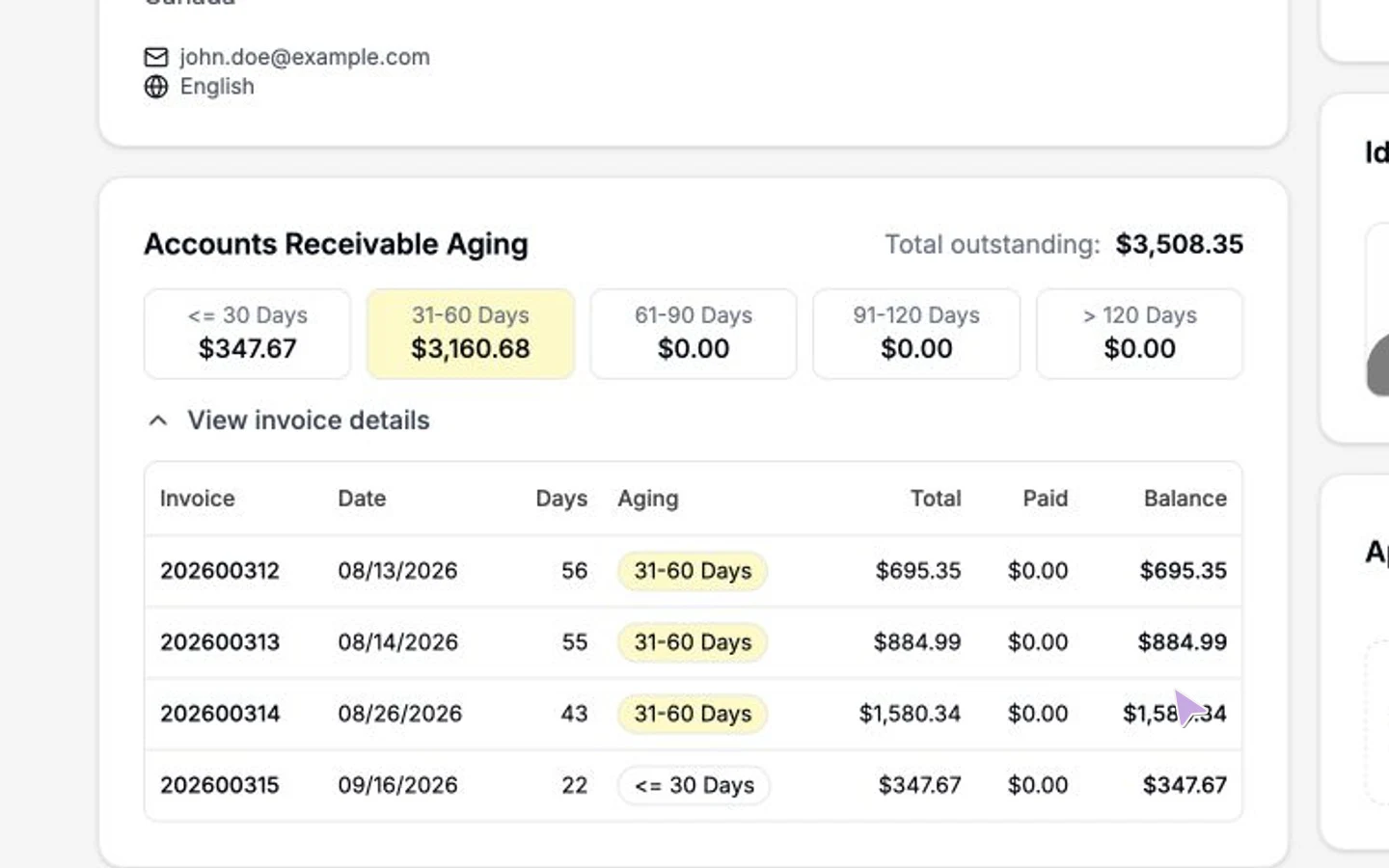 Review the customer’s aged balance and unpaid invoices, then check an invoice’s items, total and remaining balance.
