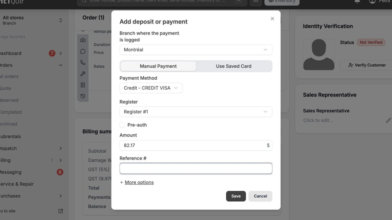 Review the order total and balance, then prepare a manual payment with its payment method, register and amount.