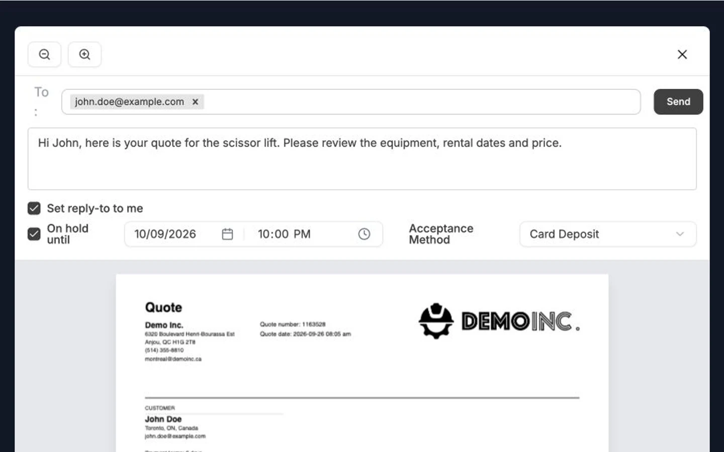Review the rental equipment and rates, prepare the quote email and choose how the customer can accept.