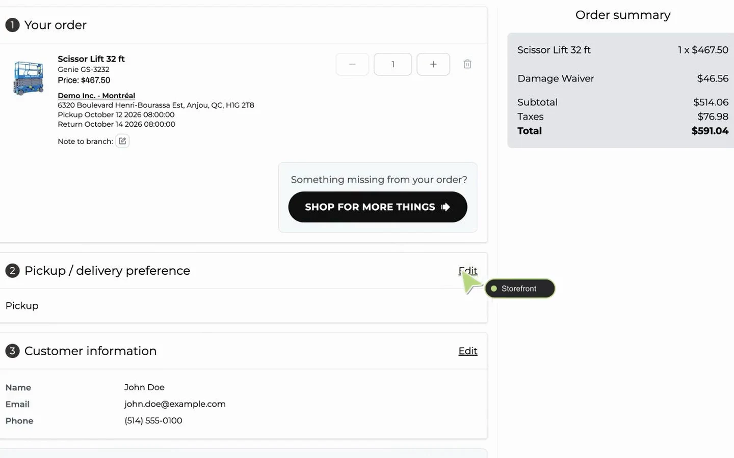 Choose equipment and rental dates, then review the cart and pickup option.