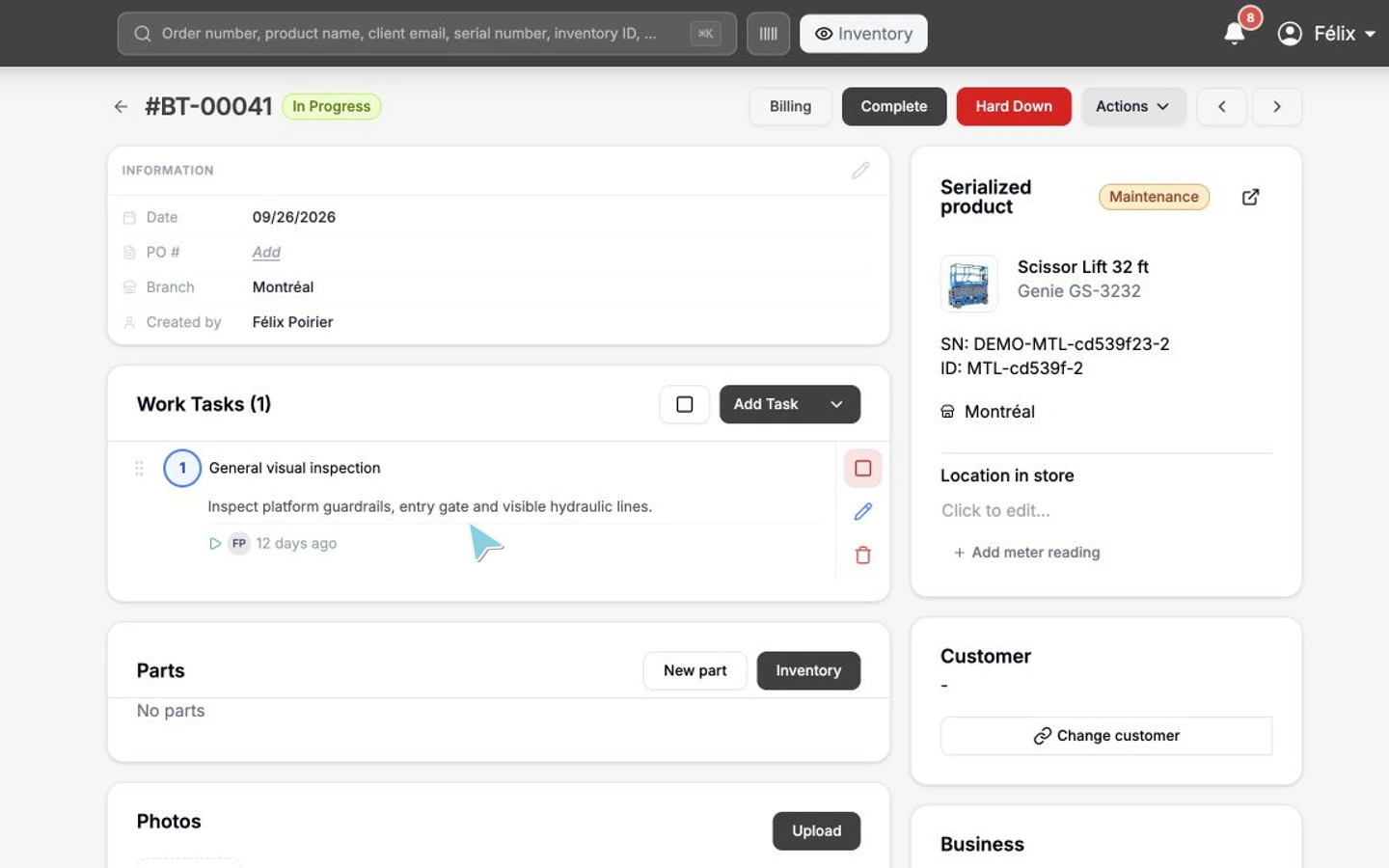 Open an inspection task and review its instructions, duration and equipment details.