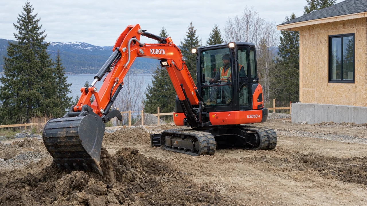Illustrative scenes of a construction customer being served at an equipment rental counter and yard.