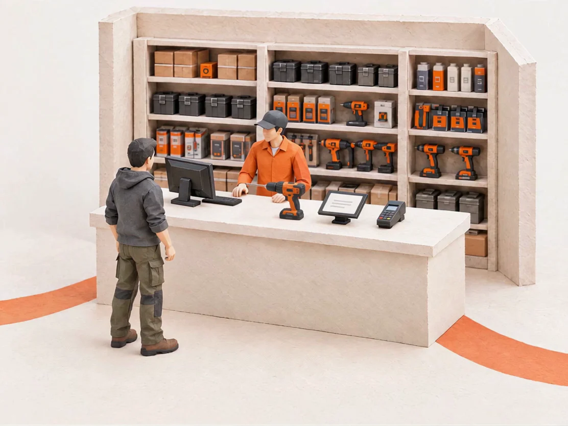 A contractor signs on the tablet, taps a card on the payment terminal and leaves with a rented drill.