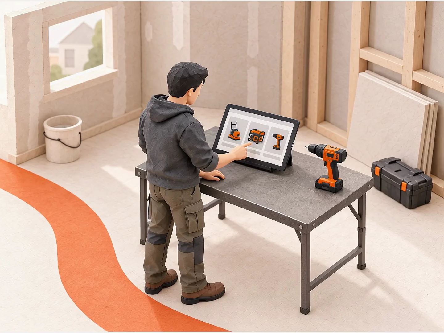 A contractor browses rental equipment and reviews rental details on a tablet at the jobsite.