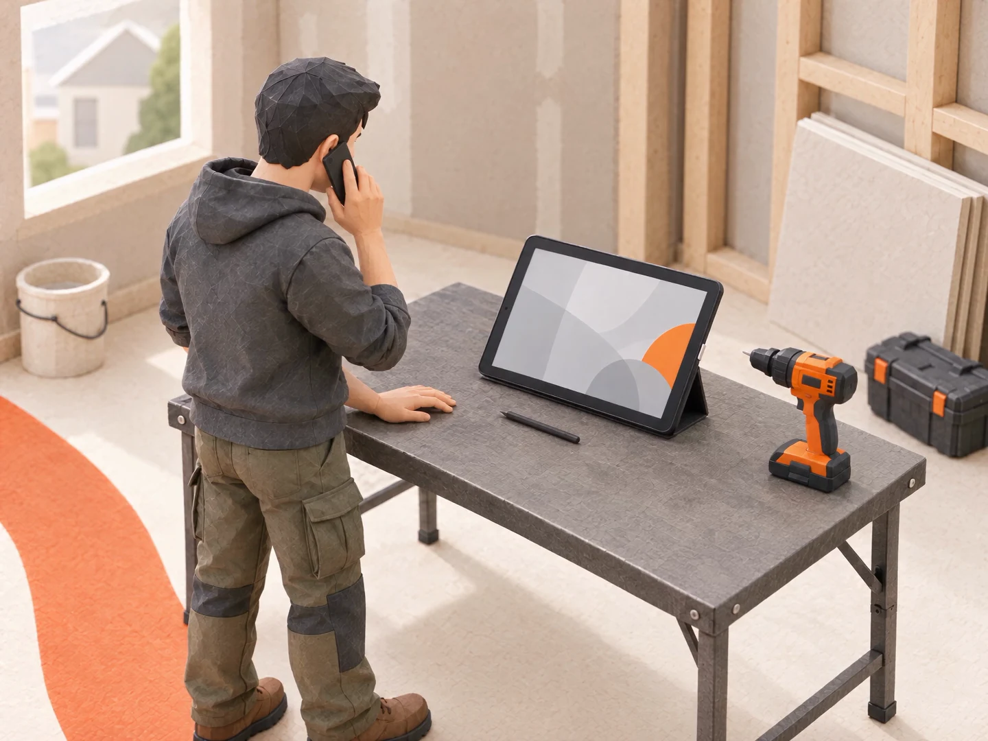 A contractor calls from a construction site. The counter employee prepares and sends a quote, then the contractor accepts it and signs the contract on a tablet at the jobsite.