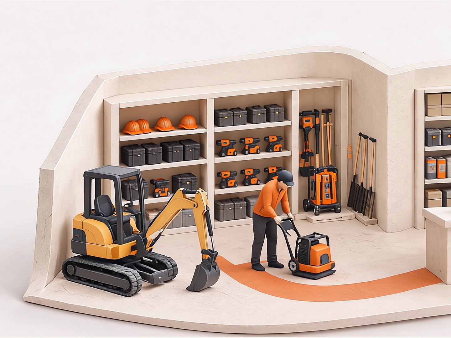 The rental employee scans an equipment tag and rolls the machine toward pickup.