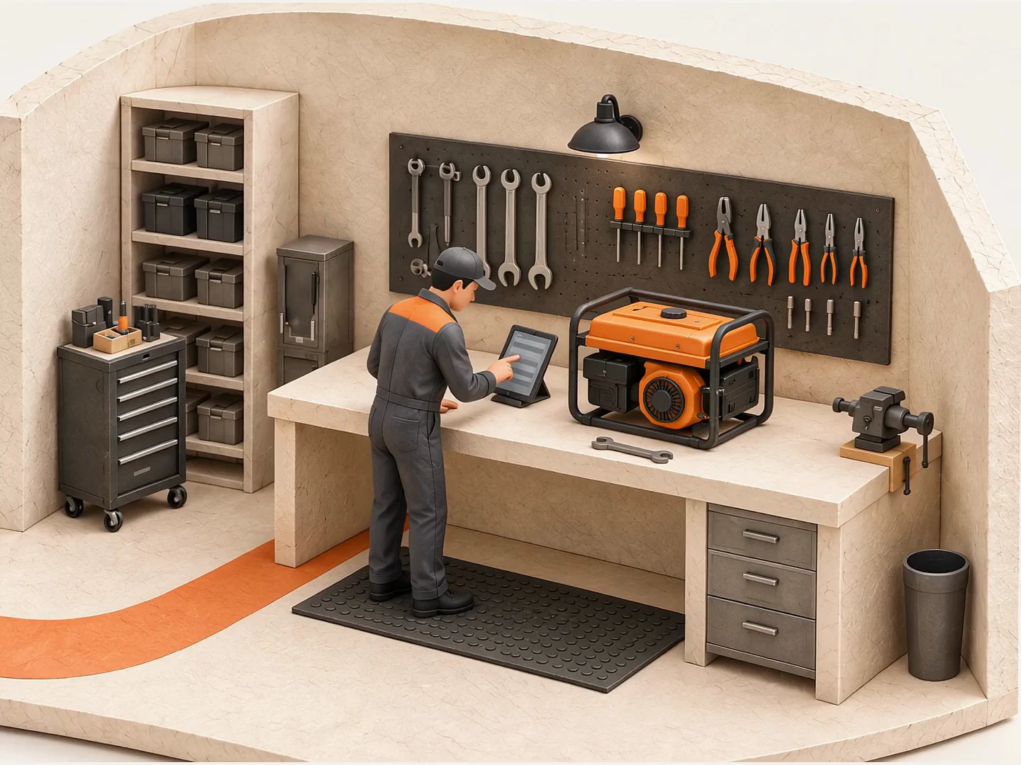 A mechanic checks the work order on a tablet and prepares for an equipment inspection.